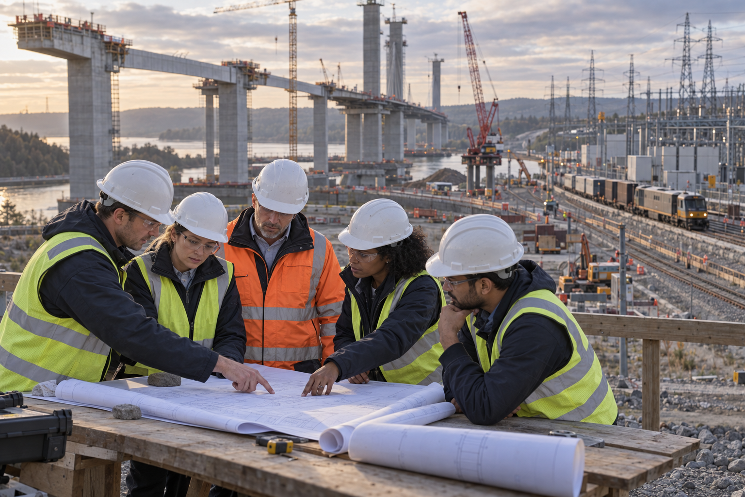 Project team reviewing plans at a major infrastructure construction site