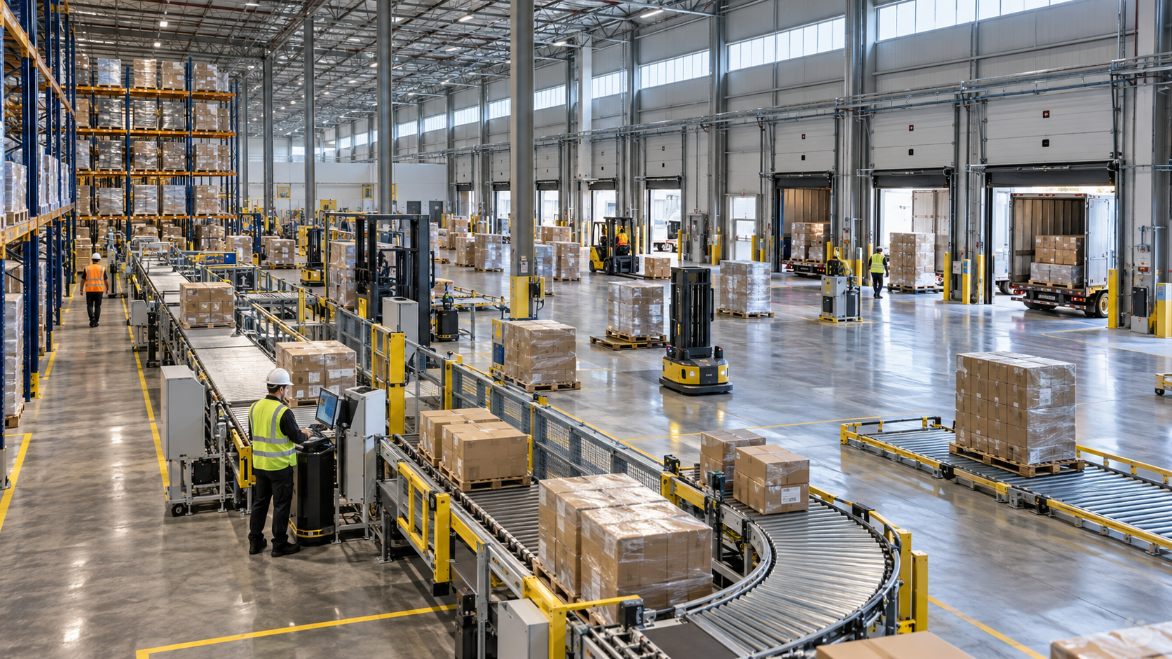 Modern logistics centre with loading areas and warehouse operations