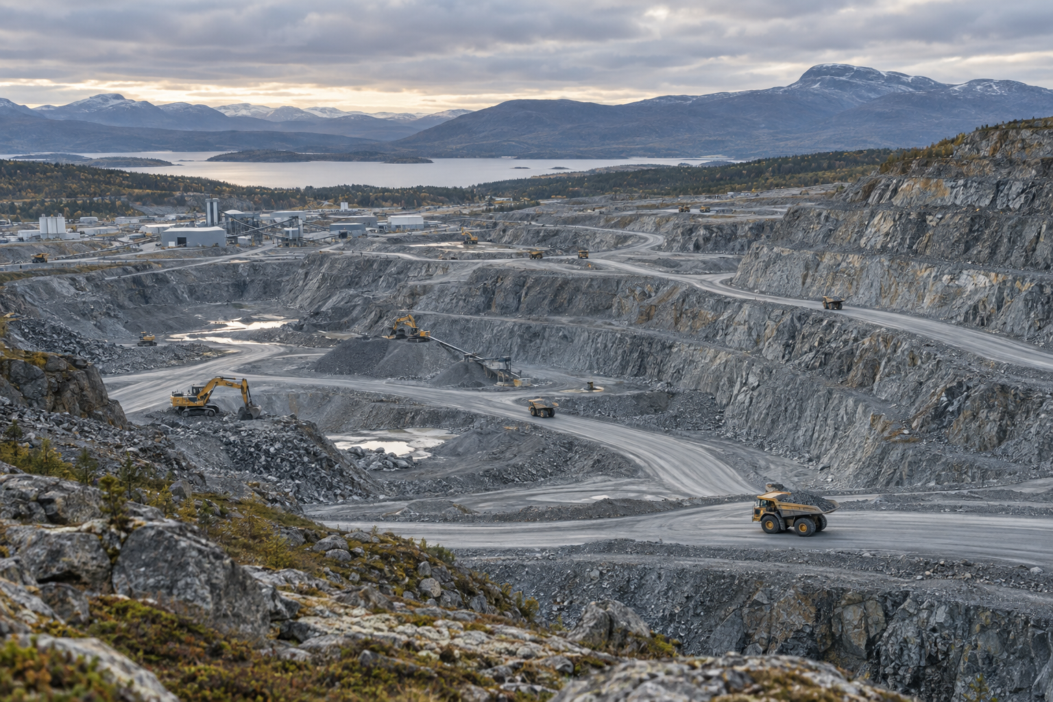 Modern open-pit mining project with haul roads and operating equipment
