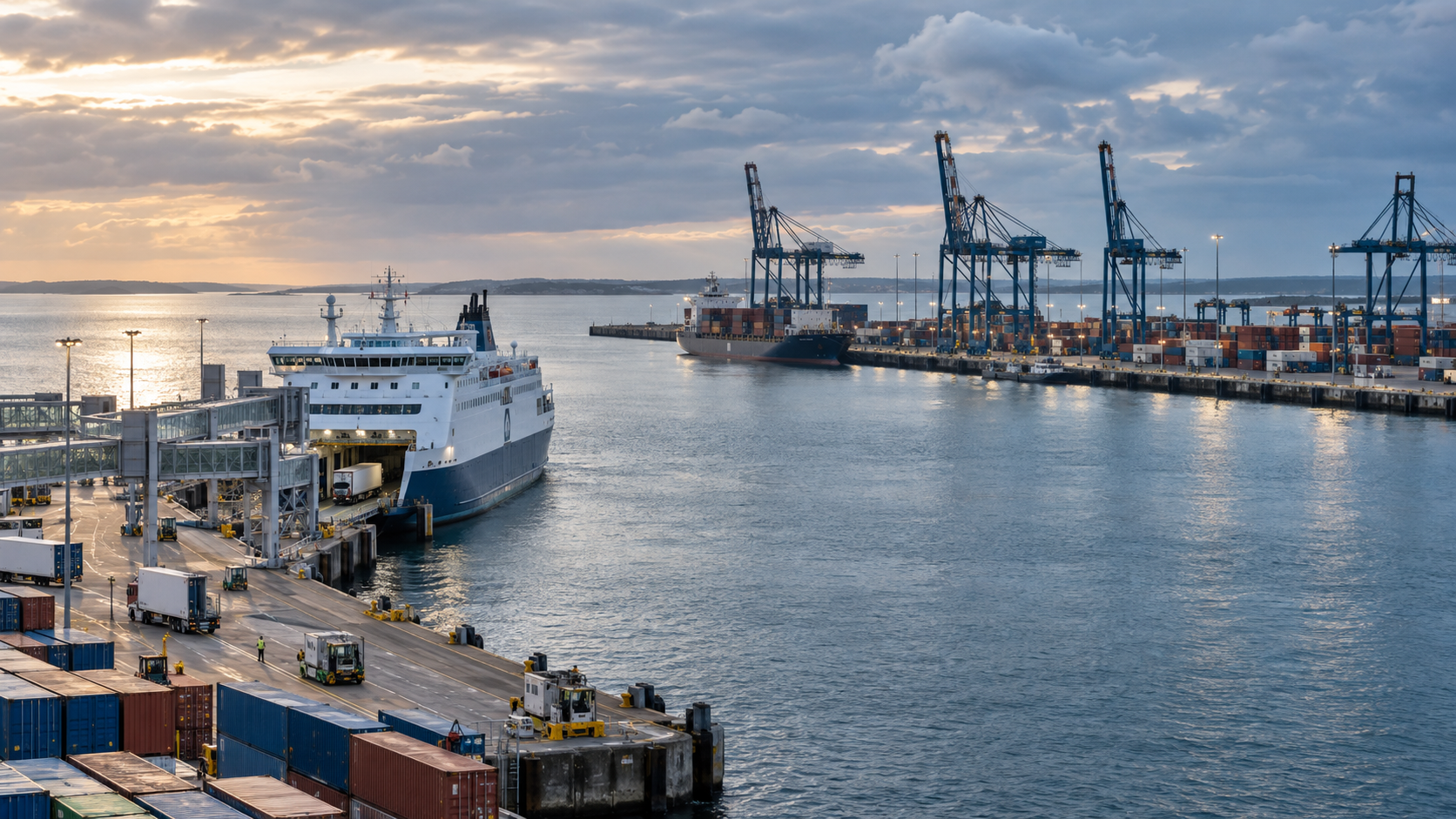 Commercial port with cranes, vessels and terminal infrastructure